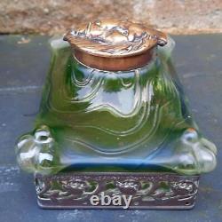 Art Nouveau Loetz/ Kralik Retangular Green Ink Well wth Bronze Lion Head Stopper