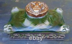 Art Nouveau Loetz/ Kralik Retangular Green Ink Well wth Bronze Lion Head Stopper