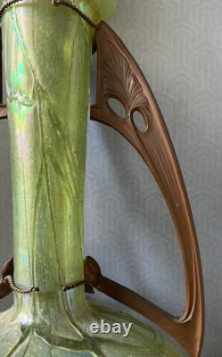 Art Nouveau Loetz Pampas Pallme Konig Green Iridescent Glass Vase, Copper Mount