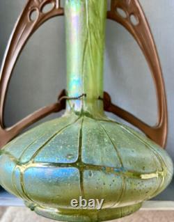 Art Nouveau Loetz Pampas Pallme Konig Green Iridescent Glass Vase, Copper Mount