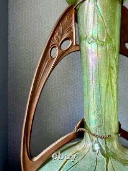 Art Nouveau Loetz Pampas Pallme Konig Green Iridescent Glass Vase, Copper Mount
