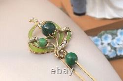 Art Nouveau Long Floral Hair Comb Green Jade Pearl QD12