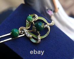 Art Nouveau Long Floral Hair Comb Green Jade Pearl QD12