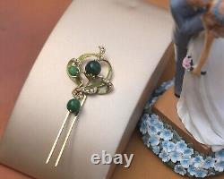 Art Nouveau Long Floral Hair Comb Green Jade Pearl QD12