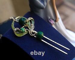 Art Nouveau Long Floral Hair Comb Green Jade Pearl QD12