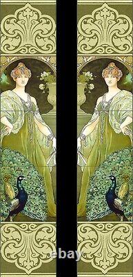 Art Nouveau Maiden And Peacock Kiln Fired Fireplace Tile Set (10 Tiles)
