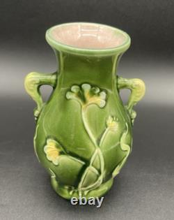 Art Nouveau Majolica Floral Two-Handled Vase, 5.25, Dark Green, Pink Interior