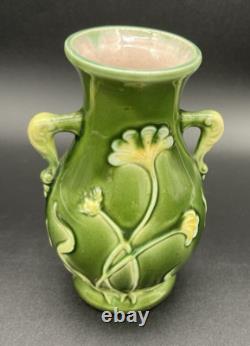 Art Nouveau Majolica Floral Two-Handled Vase, 5.25, Dark Green, Pink Interior