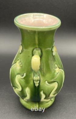 Art Nouveau Majolica Floral Two-Handled Vase, 5.25, Dark Green, Pink Interior