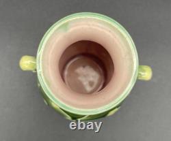 Art Nouveau Majolica Floral Two-Handled Vase, 5.25, Dark Green, Pink Interior