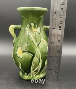 Art Nouveau Majolica Floral Two-Handled Vase, 5.25, Dark Green, Pink Interior