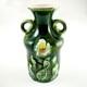 Art Nouveau Majolica Floral Two-handled Vase, 5.5, Dark Green, Pink Fine & Mint