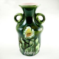 Art Nouveau Majolica Floral Two-Handled Vase, 5.5, Dark Green, Pink Fine & Mint