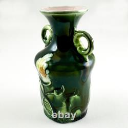 Art Nouveau Majolica Floral Two-Handled Vase, 5.5, Dark Green, Pink Fine & Mint