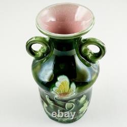 Art Nouveau Majolica Floral Two-Handled Vase, 5.5, Dark Green, Pink Fine & Mint
