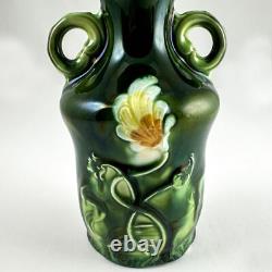 Art Nouveau Majolica Floral Two-Handled Vase, 5.5, Dark Green, Pink Fine & Mint