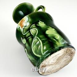 Art Nouveau Majolica Floral Two-Handled Vase, 5.5, Dark Green, Pink Fine & Mint
