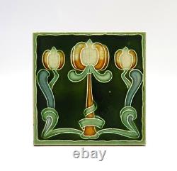 Art Nouveau Majolica Tile Green Triple Tulips Henry Richards Tile Co C1905