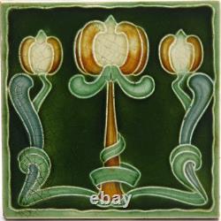 Art Nouveau Majolica Tile Green Triple Tulips Henry Richards Tile Co C1905 AE2
