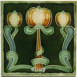 Art Nouveau Majolica Tile Green Triple Tulips Henry Richards Tile Co C1905 AE3