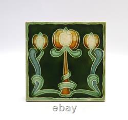 Art Nouveau Majolica Tile Green Triple Tulips Henry Richards Tile Co C1905 AE3