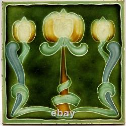 Art Nouveau Majolica Tile Green Triple Tulips Henry Richards Tile Co C1905 AE4