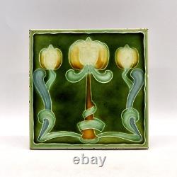 Art Nouveau Majolica Tile Green Triple Tulips Henry Richards Tile Co C1905 AE4