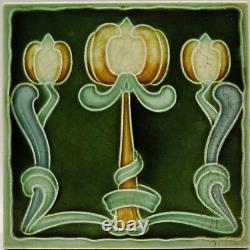 Art Nouveau Majolica Tile Green Triple Tulips Henry Richards Tile Co C1905 AE5