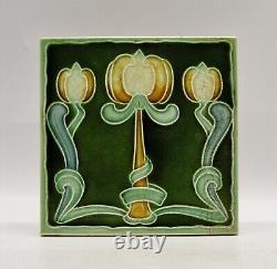 Art Nouveau Majolica Tile Green Triple Tulips Henry Richards Tile Co C1905 AE5