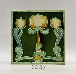 Art Nouveau Majolica Tile Green Triple Tulips Henry Richards Tile Co C1905 AE5