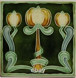 Art Nouveau Majolica Tile Green Triple Tulips Henry Richards Tile Co C1905 AE6