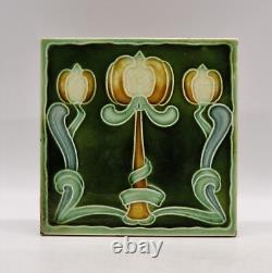 Art Nouveau Majolica Tile Green Triple Tulips Henry Richards Tile Co C1905 AE6