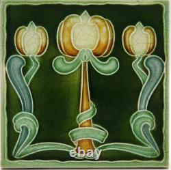 Art Nouveau Majolica Tile Green Triple Tulips Henry Richards Tile Company C1905