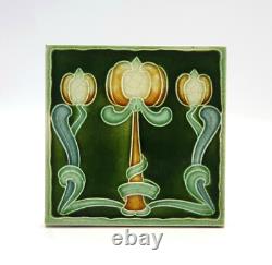 Art Nouveau Majolica Tile Green Triple Tulips Henry Richards Tile Company C1905
