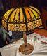 Art Nouveau Miller-b&h-handel- Era Green Stained Slag Glass Lamp 21 8 Panel
