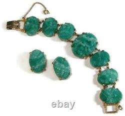 Art Nouveau Molded Green Czech Glass Bracelet & Earrings Gold Plated
