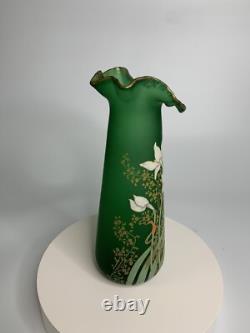 Art Nouveau Mont Joye Legras French Enameled Satin Green Glass Vase Gold Trim