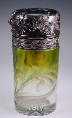 Art Nouveau Moser Green Clear Intalgio Cut Floral Atomizer Perfume Bottle -AS IS