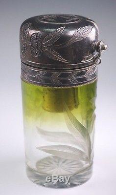 Art Nouveau Moser Green Clear Intalgio Cut Floral Atomizer Perfume Bottle -AS IS