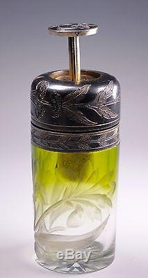 Art Nouveau Moser Green Clear Intalgio Cut Floral Atomizer Perfume Bottle -AS IS