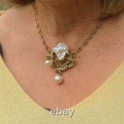Art Nouveau Necklace Green Baroque Pearl White Vintage Style QD12