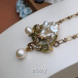 Art Nouveau Necklace Green Baroque Pearl White Vintage Style QD12