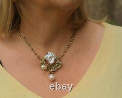 Art Nouveau Necklace Green Baroque Pearl White Vintage Style QD12