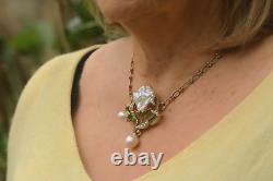 Art Nouveau Necklace Green Baroque Pearl White Vintage Style QD12