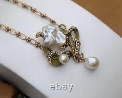 Art Nouveau Necklace Green Baroque Pearl White Vintage Style QD12