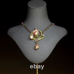 Art Nouveau Necklace Green Leaf Baroque Pearl Vintage Style QD12
