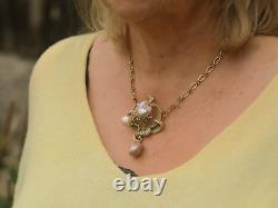 Art Nouveau Necklace Green Leaf Baroque Pearl Vintage Style QD12