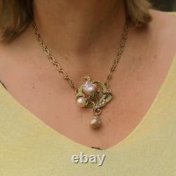 Art Nouveau Necklace Green Leaf Baroque Pearl Vintage Style QD12