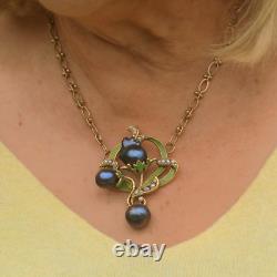 Art Nouveau Necklace Green Leaf Black Baroque Pearl Vintage Style QD12
