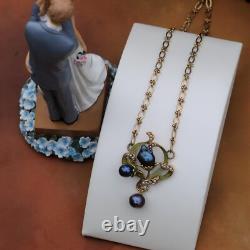 Art Nouveau Necklace Green Leaf Black Baroque Pearl Vintage Style QD12